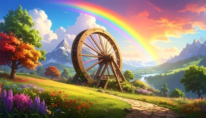 Colorful landscape with rainbow and wheel