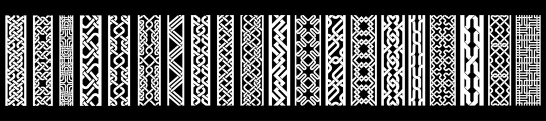 Vector collection of 20 ornamental borders with knotwork and geometric stripes. Great for frames, dividers, ethnic designs, and decorative digital or print projects.