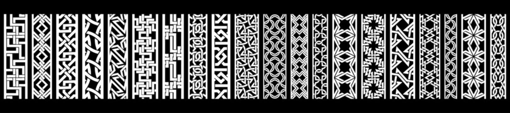 Vector set of 20 ornamental borders with complex geometric and abstract designs. Ideal for frames, trims, dividers, ethnic motifs, and decorative projects.