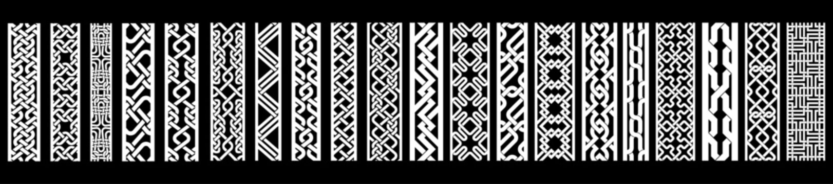 Vector collection of 20 ornamental borders with knotwork and geometric stripes. Great for frames, dividers, ethnic designs, and decorative digital or print projects.