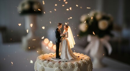 A classic bride and groom figurine stands on top of a white wedding cake, with warm, glowing confetti creating a magical and romantic atmosphere.
