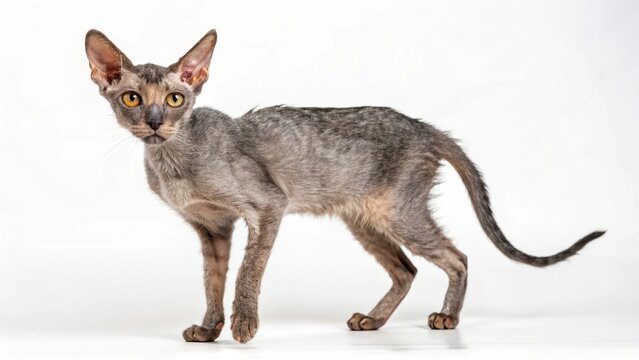 Lykoi cat with partially hairless coat and striking yellow eyes standing on a clean white studio background, sharp focus, and professional studio lighting