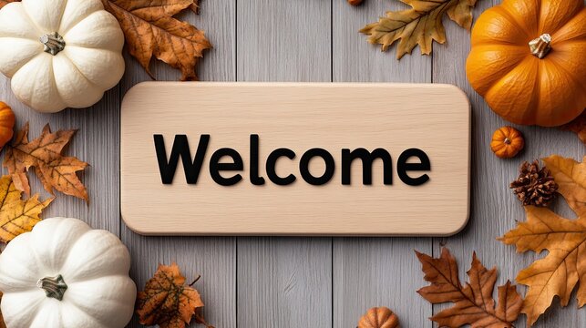 A warm wooden welcome sign is surrounded by vibrant pumpkins and autumn leaves, creating an inviting atmosphere perfect for greeting guests during the fall season