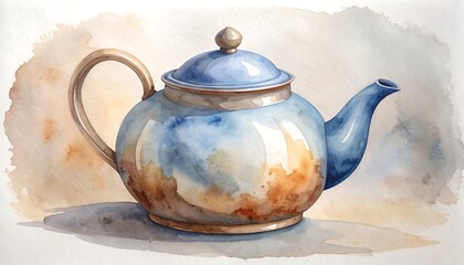 Watercolor painting of a round teapot with blue and brown hues against neutral backdrop
