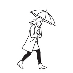 Simple vector silhouette of a woman with umbrella in stormy rain and wind, created in black and white using clear black outlines.