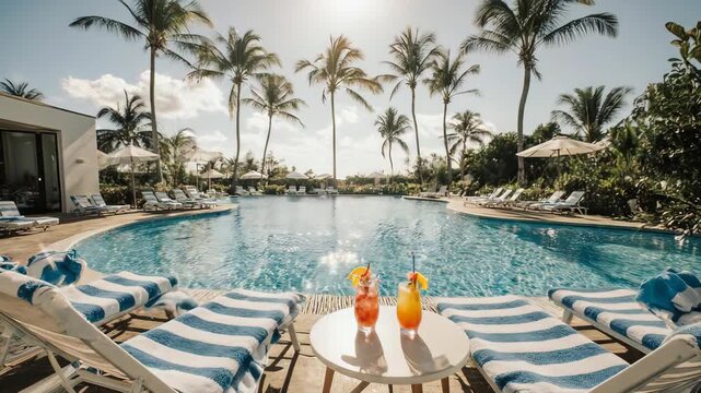 Tropical poolside scene with drinks and sun loungers