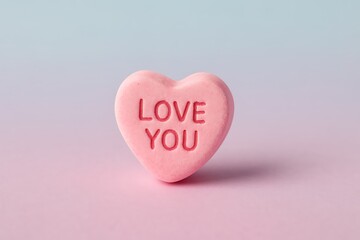 Fototapeta premium Heartfelt Affection: A pink candy heart radiates affection with its 'LOVE YOU' message against a soft, pastel backdrop, embodying sentiments of love and romance.