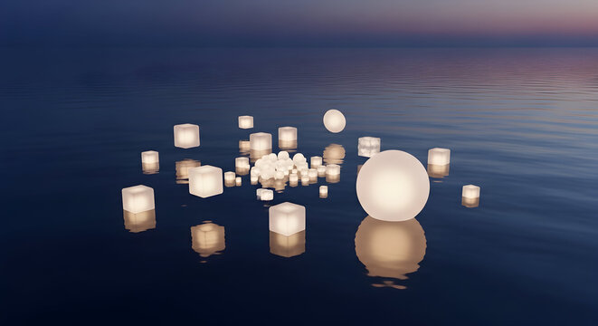 Dreamy illuminated spheres and cubes floating on serene water at twilight create a peaceful, enchanting ambiance ideal for luxury events and wellness retreats