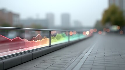 Financial Holographic Overlay on Urban Railing With Bokeh Lighting and Cityscape Background on Overcast Day