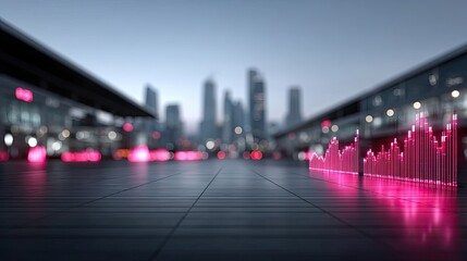 Financial Stock Market Business Background with Pink Graph and Blurry Cityscape at Dusk