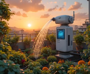 Smart agriculture robot watering rooftop garden with beautiful sunset