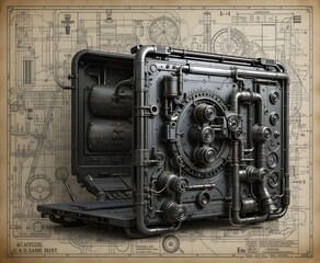 Steampunk metallic machine laptop with complex engineering blueprint background