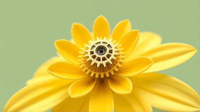 Mechanical Sunflower with Gear-Shaped Center and Bright Yellow Petals