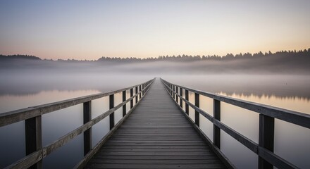 Naklejka premium Serene wooden pier stretches into misty lake at dawn with tranquil forest backdrop