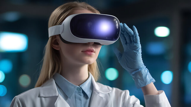 Scientist wearing virtual reality headset in laboratory setting - Powered by Adobe