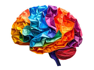 Colorful origami brain creative concept displays vibrant geometric folds, symbolizing creativity, intelligence, diversity, and innovation in neuroscience, art, and education.