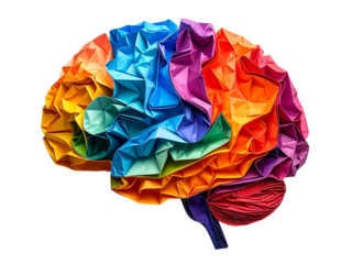 Colorful origami brain creative concept displays vibrant geometric folds, symbolizing creativity, intelligence, diversity, and innovation in neuroscience, art, and education.