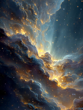 Golden cosmic nebula texture with navy and indigo clouds illuminated by radiant gold light. A divine background for cosmic, spiritual, or luxury projects.