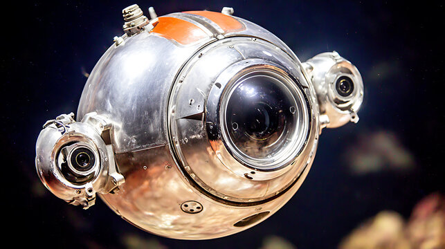 Underwater spherical camera housing with multiple lenses and orange accents, designed for deep-sea photography.