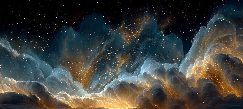 Golden cosmic nebula texture with navy and indigo clouds illuminated by radiant gold light. A divine background for cosmic, spiritual, or luxury projects.