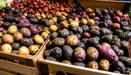 Colorful potatoes in wooden crates