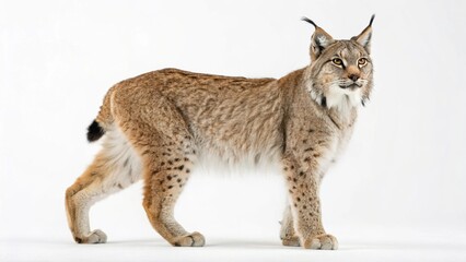 Naklejka premium Lynx with tufted ears, thick fur, and piercing eyes standing alert on a clean white studio background, sharp focus, and professional studio lighting