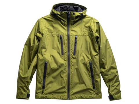 Green waterproof zippered outdoor jacket suitable for hiking, camping, and travel, featuring elastic cuffs, hood, and multiple secure pockets for storage.