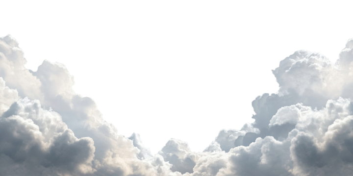Horizontal border of fluffy white clouds, isolated on transparent cutout background