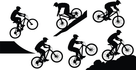 Fototapeta premium BMX and mountain bike silhouettes, cyclists performing jumps, downhill, ramps, off-road biking, extreme sports, vector illustration