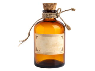 Vintage amber glass apothecary bottle with blank label and twine, isolated on white background for medicine, potion, or herbal remedy concepts.
