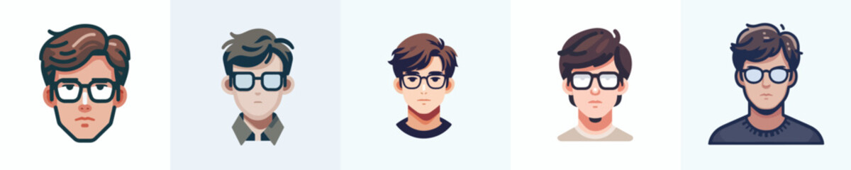 Male face avatar with side-parted hair wearing square glasses, medium skin tone, neutral expression
