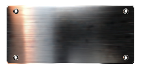 Brushed metal nameplate with four bolts and gradient shine, isolated on transparent cutout background