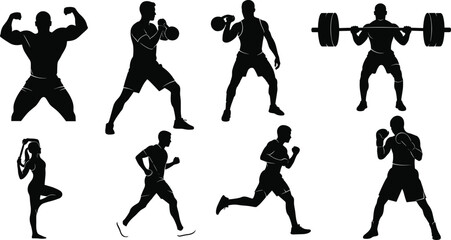 Bodybuilding, boxing, kettlebell training, yoga stretching, running athletes, gym workout, weightlifting fitness exercise, sport silhouettes vector illustration