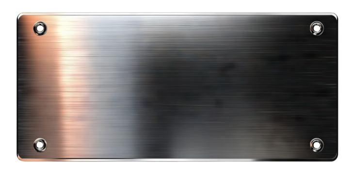Brushed metal nameplate with four bolts and gradient shine, isolated on transparent cutout background