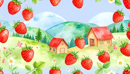 Strawberry farm watercolor illustration