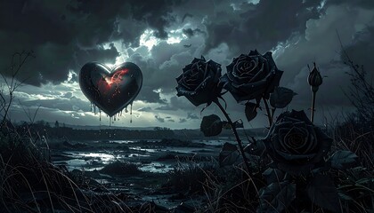 Dark, ominous landscape with a broken heart and black roses