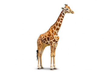 Obraz premium A Majestic Giraffe Standing Tall in a Studio Against a White Background, Showcasing its Unique Spotted Coat and Long Neck, a Symbol of African Wildlife