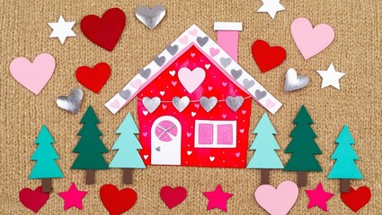 Valentines Day Craft House with Hearts Stars Trees