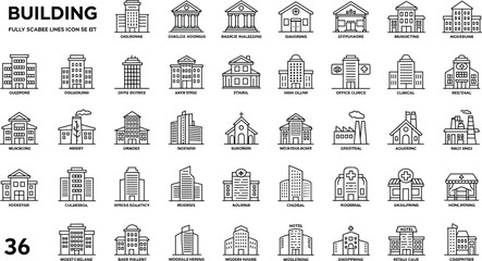 Building icons set with hospital, office, school, church, factory, apartment, hotel, bank, government, vector illustration