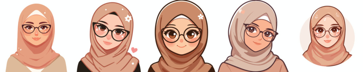 avatar of a woman wearing a hijab wearing cat-eye glasses, brown skin, sweet expression