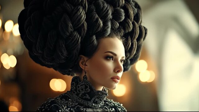 The woman wears braided hair and braided hair styled into an elaborate design. Her detailed braided hair and braided hair are complemented by intricate earrings and a patterned col