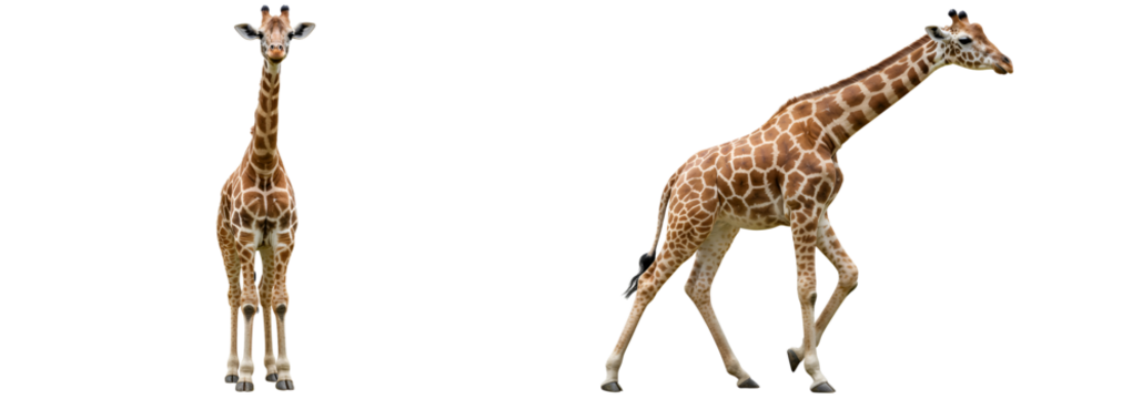 Set of giraffes with front and side views isolated on transparent cutout background, cut out, png
