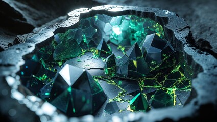 Dark emerald crystal cavern in a stone grotto with glowing green energy veins.