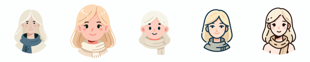 Blonde haired woman face avatar wearing a thin scarf around her neck, pale skin, small smiling expression
