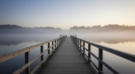 Serene wooden pier over misty lake at sunrise, inviting peaceful exploration