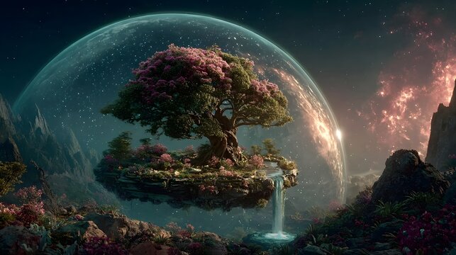 Enchanting floating island with ancient tree and waterfall under starry cosmic sky, surreal fantasy landscape