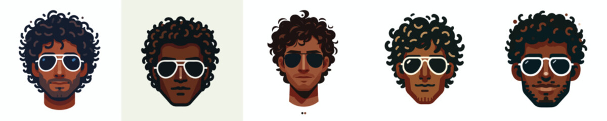 Avatar face of a curly haired man wearing aviator glasses, dark skin, relaxed expression