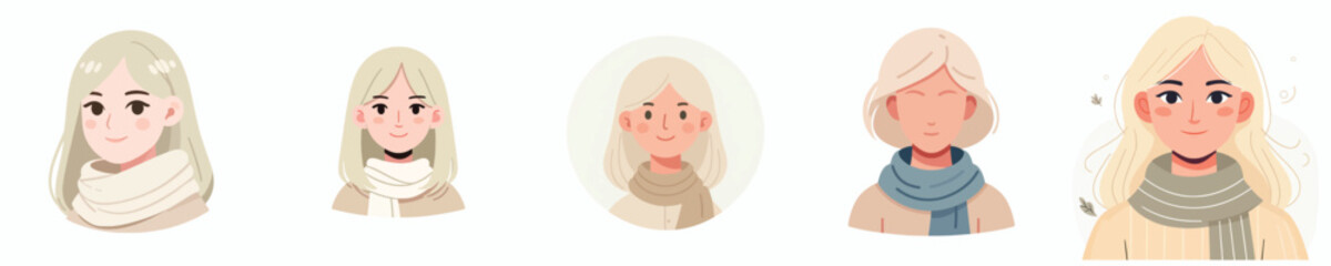 Blonde haired woman face avatar wearing a thin scarf around her neck, pale skin, small smiling expression
