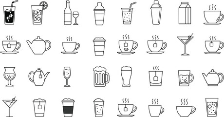 Coffee tea wine beer cocktail icons set, soda juice cup bar cafe beverage symbols, outline drinks collection, vector illustration
