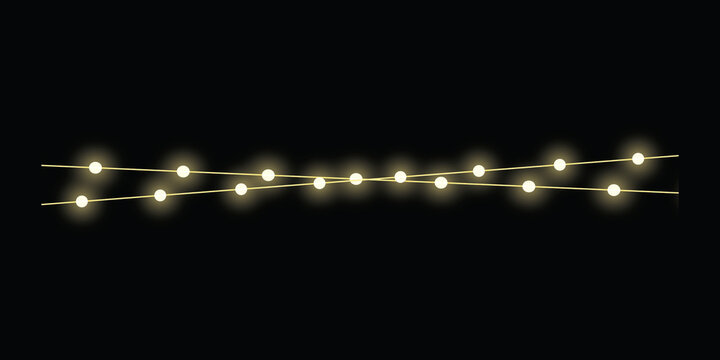 Soft glowing warm white fairy lights strung horizontally against a dark black background